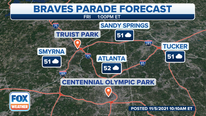 The Atlanta Braves World Series parade forecast.