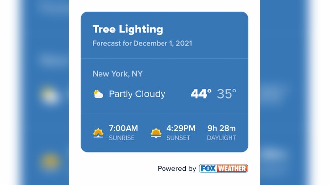 The forecast from the FOX Weather app plan feature for New York City on Dec. 1. 