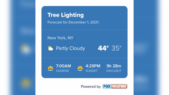 The forecast from the FOX Weather app plan feature for New York City on Dec. 1.
