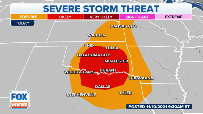 Severe thunderstorm threat Wednesday, Nov. 10, 2021.