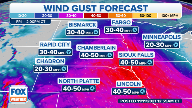 Wind gust forecast Friday, Nov. 12, 2021.