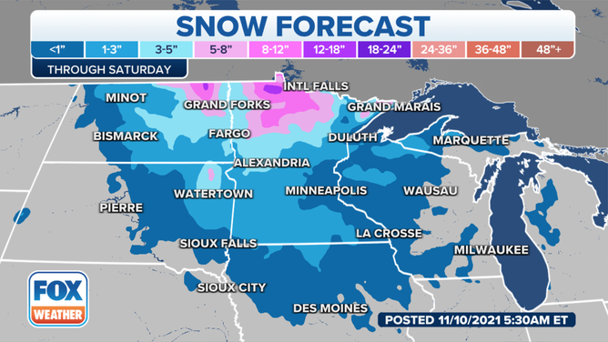 Snowfall forecast through Saturday, Nov. 13, 2021.