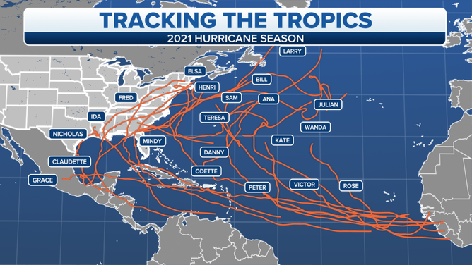 Tracks of all the named storms during the 2021 Atlantic hurricane season.