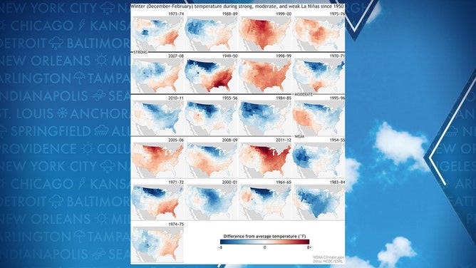 Maps showing how temperatures fared across the United States during La Niña winters since 1950.
