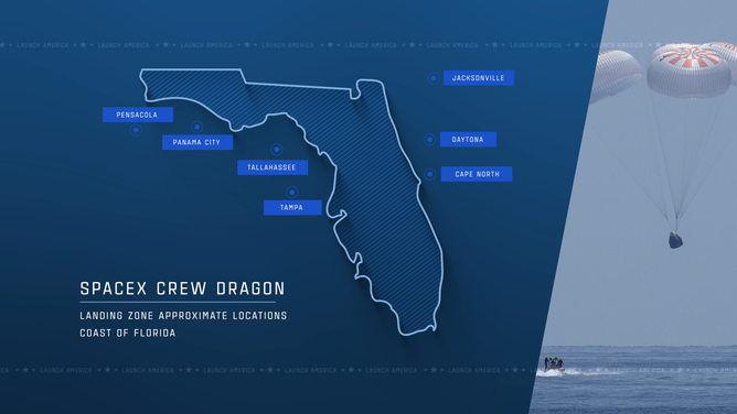 Potential landing areas for the SpaceX Crew Dragon.