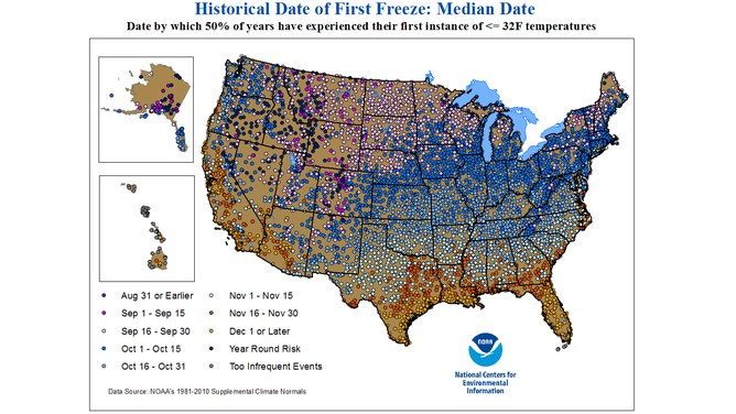 Plotted are the dates by which 50% of years have experienced their first instance of 32-degree or lower temperatures.