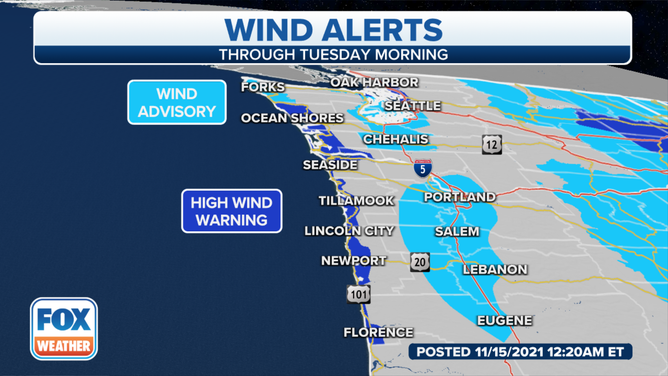 High Wind Warnings and Wind Advisories are in effect on Monday, Nov. 15, 2021.