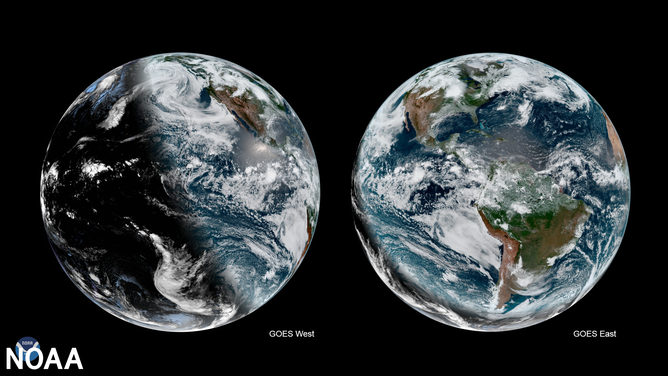 The GOES-East and GOES-West satellites on June 21, 2019, simultaneously saw the slanted shadows separating day and night on Earth just minutes after the summer solstice occurred. Notice in this image how the shadow that separates day and night across Earth is highly slanted. That shadow is called the daylight terminator. As the Earth rotates on its axis, the North Pole experiences 24 hours of daylight, or "midnight sun," while the South Pole is obscured in darkness. The opposite occurs at each pole in December, when the Northern Hemisphere sees its shortest day and longest night of the year.