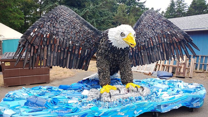 Washed ashore bald eagle sculpture