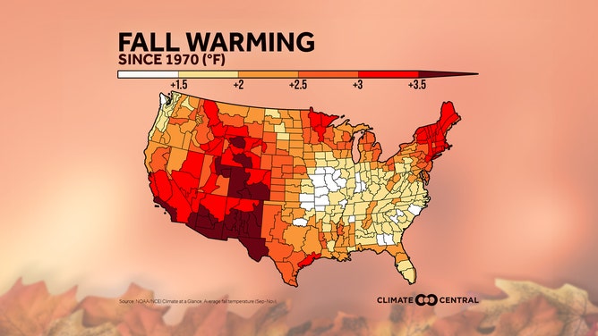 The long-term change in average fall temperatures (September-November) in the contiguous U.S. from 1970-2020.