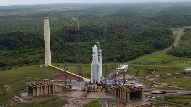 On Dec. 23, 2021, the James Webb Space Telescope, safely stowed inside the fairing of ESA’s Ariane 5 launch vehicle, left the final assembly building for roll-out to the launch pad at Europe’s Spaceport in French Guiana.