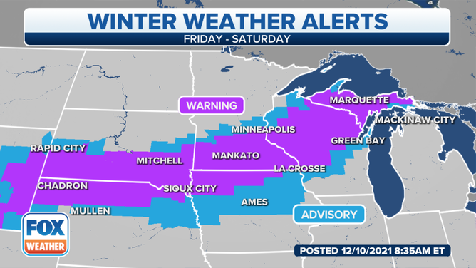 Winter weather alerts are in effect across the Central Plains, upper Midwest and northern Great Lakes.