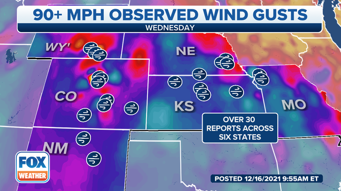 Winds gusted over 90 mph in more than 30 locations across six states on Wednesday, Dec. 15, 2021.