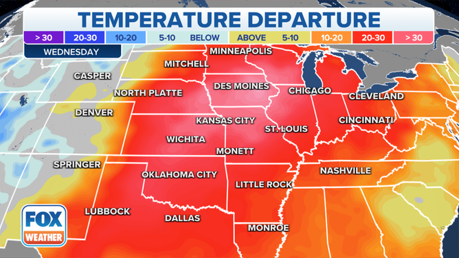 High temperatures could reach 20 to 30 degrees above average from the Gulf Coast to the Great Lakes and Canadian border on Wednesday, with some areas of the Midwest experiencing temperatures higher than 30 degrees above average for this time of year.