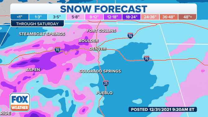 Snow forecast in Colorado through Saturday, Jan. 1, 2022.