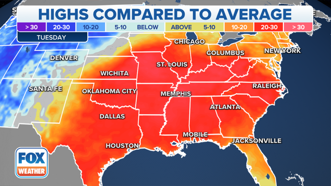 Daily high temperatures compared to the historical average.