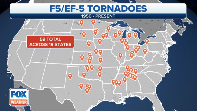 Each placemark denotes the location of a tornado that received a rating of EF-5/F-5 on the Fujita/Enhanced Fujita Scale. Only 59 twisters have been rated this intensity since 1950.