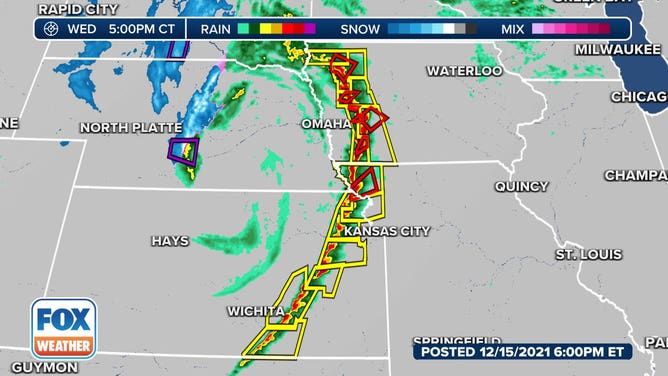 The entire 600-plus-mile line of thunderstorms had either a Severe Thunderstorm Warning or Tornado Warning in effect at 5 p.m. Central on Wednesday, Dec. 15, 2021.