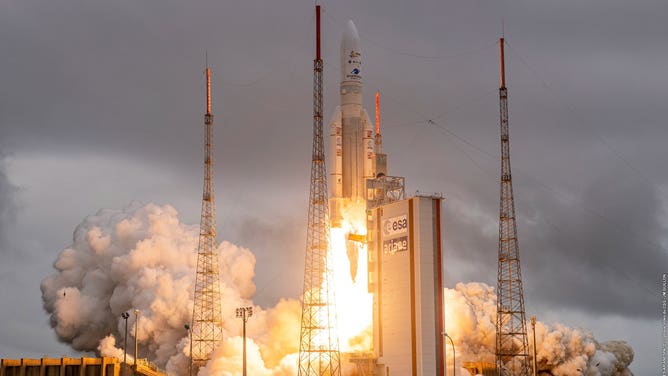 Launch of Ariane 5 rocket on Dec. 25 2021, carrying the James Webb Space Telescope into orbit