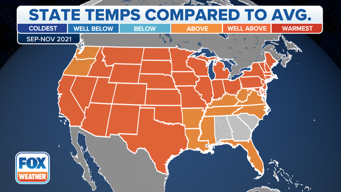 Temperatures compared to average in each state over the three-month climatological fall period (September through November).