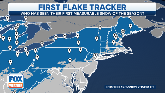 The blue-shaded areas have already seen their first measurable snow (at least 0.1 inches) of the season.