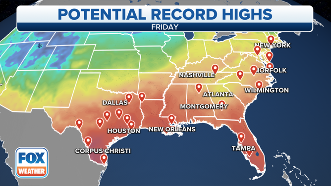 States from the mid-Atlantic into the South could set record highs on Friday.