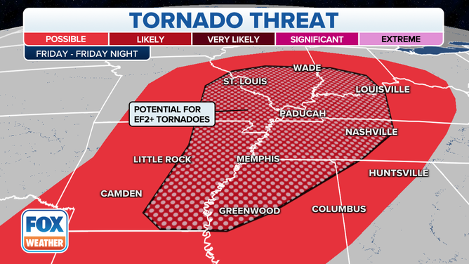 Tornado threat Friday night into early Saturday morning.