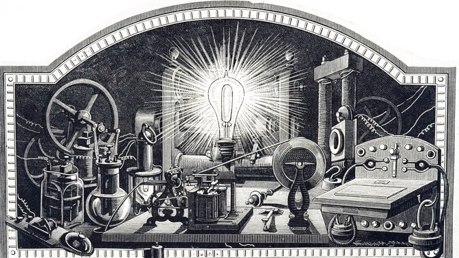 An engraved headpiece depicting a light bulb, powered by electricity. 19th century.