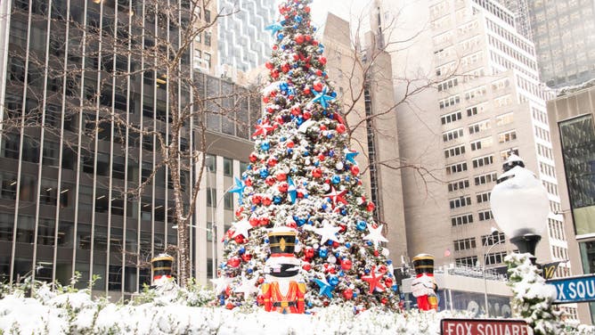 A view of a Christmas tree outside the FOX Weather studio on Dec. 17, 2020, in New York City.