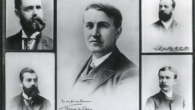 Portraits of Thomas Edison (center) and 'His Most Important Pioneer Associates': Francis Robbins Upton (top left), John Krusei (bottom left), Charles Batchelor (top right), and Edward Hibberd Johnson (bottom right).