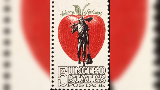 A 1966 U.S postage stamp depicting John Chapman, a.k.a. Johnny Appleseed in front of a large red apple.