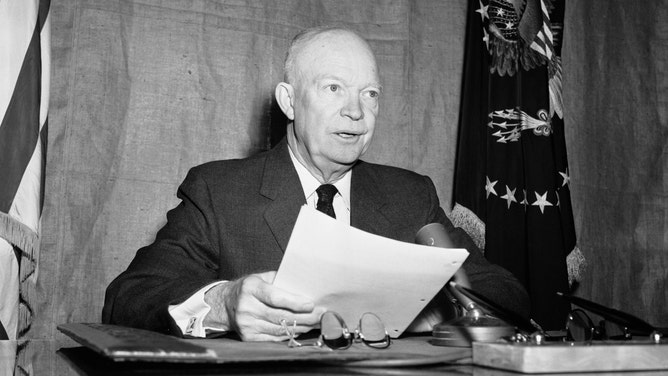 President Eisenhower giving a televised address in 1956.