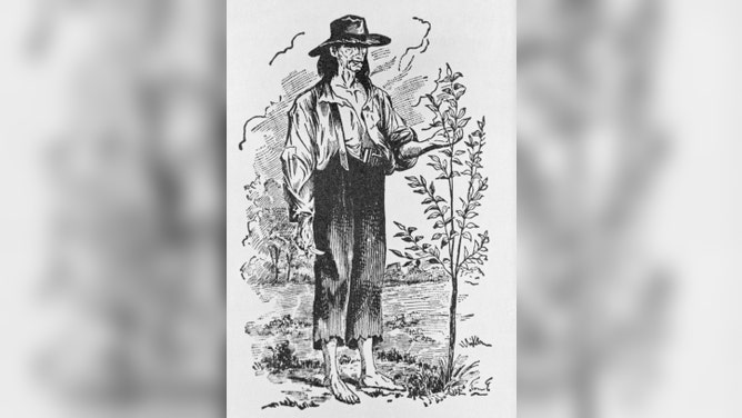 Johnny Appleseed nursing a tree.