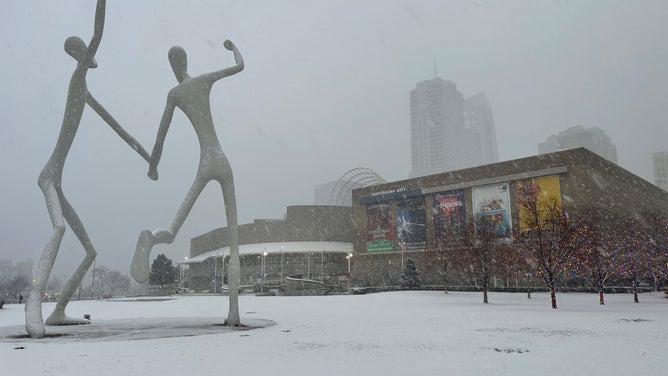 Pictured in this photo is a light dusting of snow outside the Denver Center for the Performing Arts