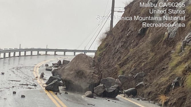California Department of Transportation images show damages from mud and rock slides in west Malibu on Decker Canyon Road.