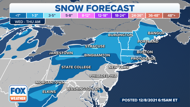 Snow forecast for Wednesday, Dec. 8, 2021.