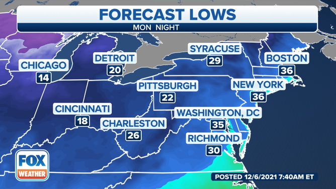 Forecast lows Monday night, Dec. 6, 2021.