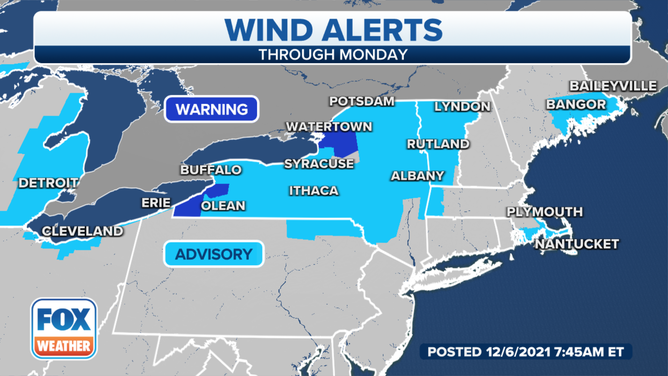 Wind alerts are posted in the Northeast Monday, Dec. 6, 2021.