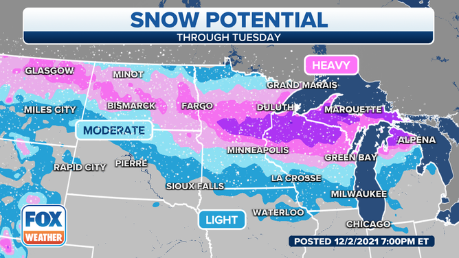 Snowfall outlook for the Northern Plains and upper Midwest.