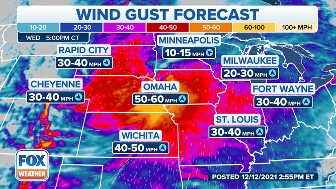 Wind gust forecast for Wednesday, Dec. 15, 2021.