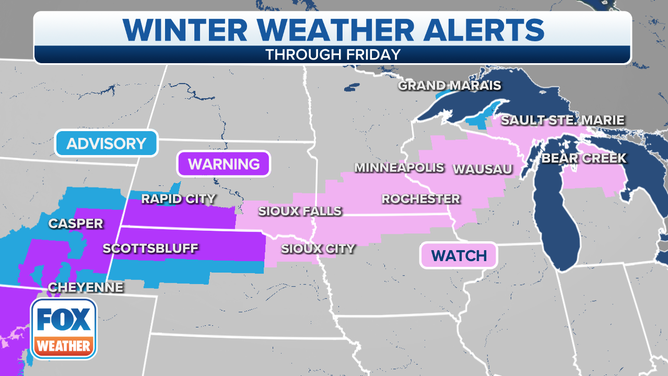 Winter weather alerts are in effect across the central High Plains, upper Midwest and northern Great Lakes.
