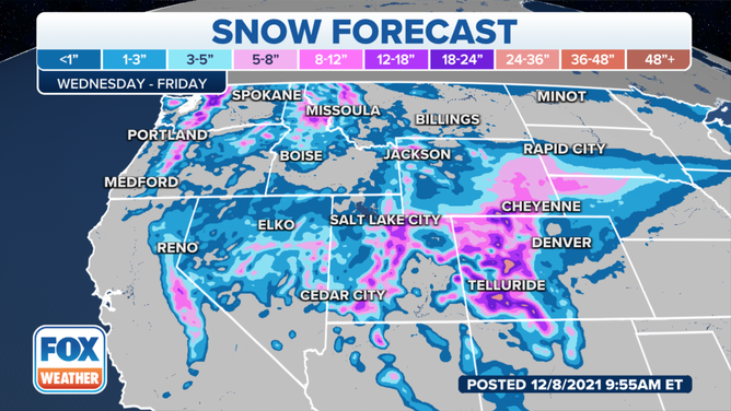 Snow forecast through Friday, Dec. 10, 2021.