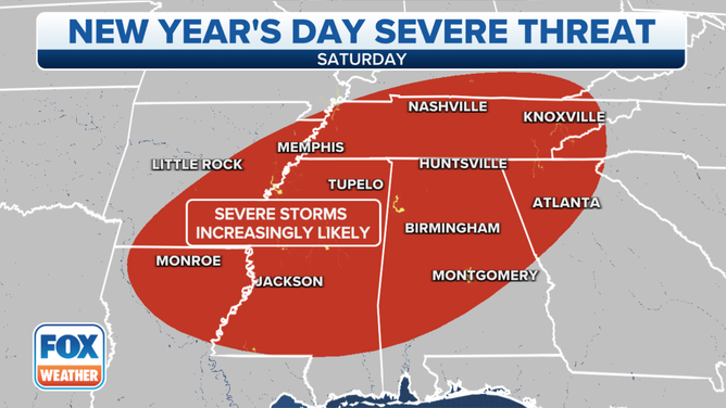 Severe thunderstorm threat on Saturday, Jan. 1, 2022.