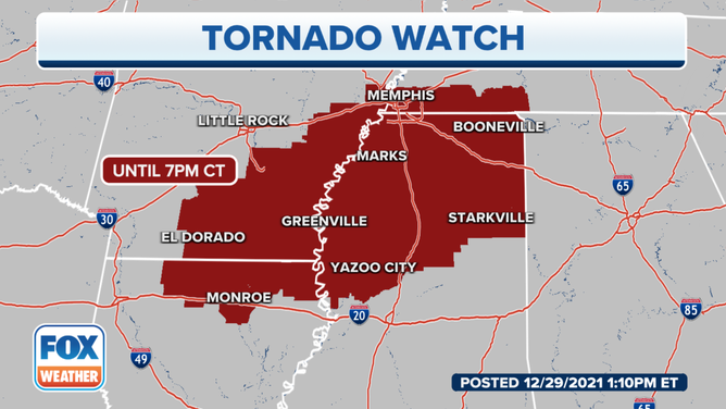 A Tornado Watch is in effect for parts of the South until 7 p.m. Central time.