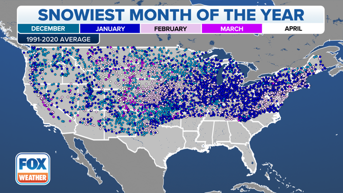 Colored dots indicate which month is the snowiest based on the most recent 30-year climatological averages (1991-2020).