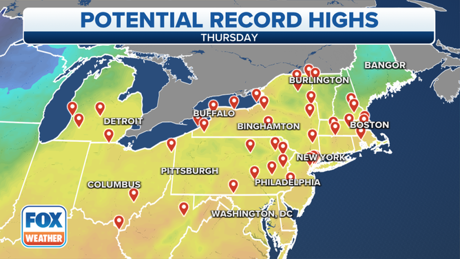 States from Michigan into New England could set record highs on Thursday.