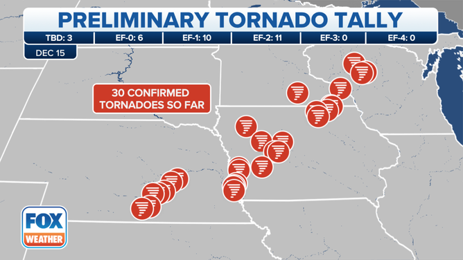 The National Weather Service has confirmed at least 30 tornadoes struck the Midwest on Wednesday, Dec. 15, 2021.