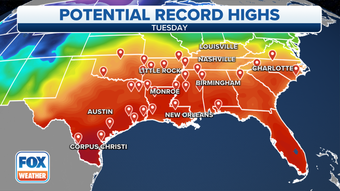 Tuesday potential record temperatures across the South.