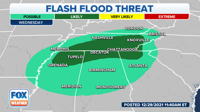 Flash flood threat on Wednesday, Dec. 29, 2021.