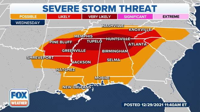 Severe thunderstorm threat on Wednesday, Dec. 29, 2021.